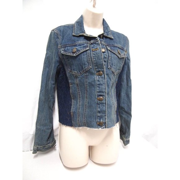 Free People Womens Jacket S Denim Jean Trucker Lace Inset Button Raw Hem - Picture 5 of 12